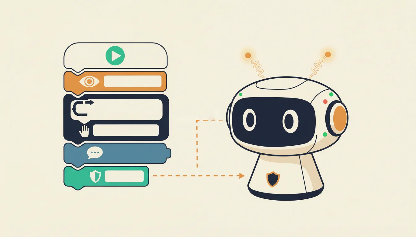A stack of block-coding blocks runs a program on Senti, the robot.