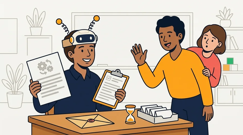 A teacher wearing a cardboard Senti headband plays the robot with a rule card and a log sheet.