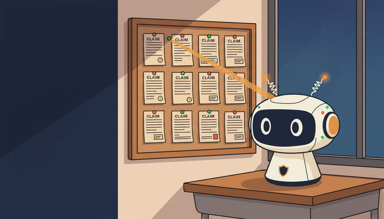 Senti, the lab's Reachy Mini, keeps watch over a classroom board of claim cards at dusk.