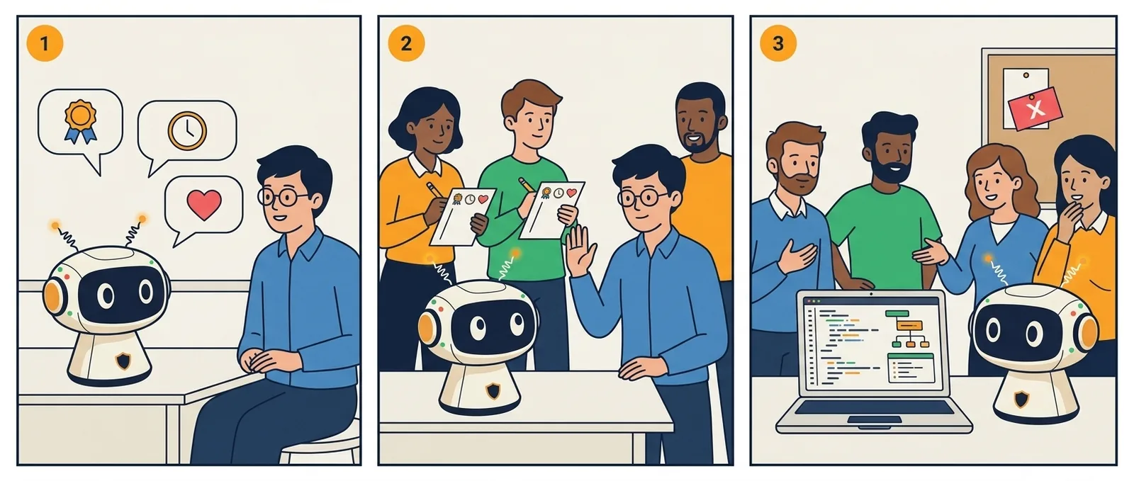 Storyboard: The Pretexting Robot in three steps.